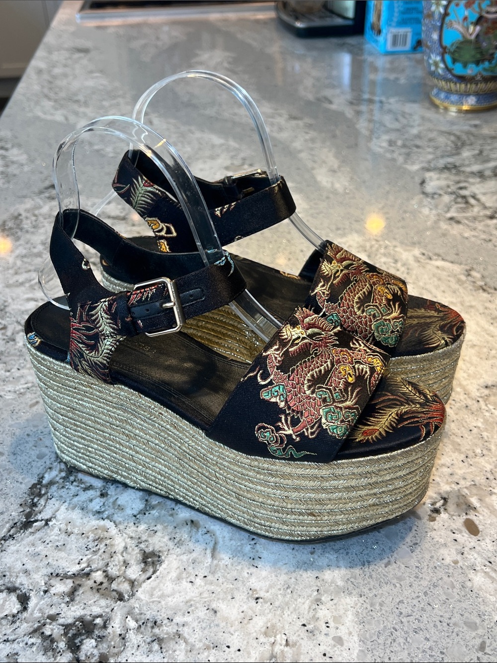 Vintage ASOS “Target Me” Mega Wedge Sandals Black Embroidered Chinese Size 7.5